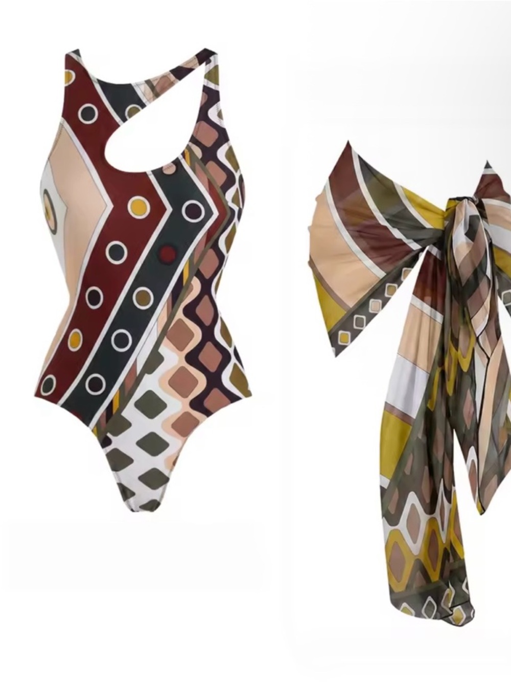 Geometric Print One-Piece Swimsuit with Wrap in Multicolor